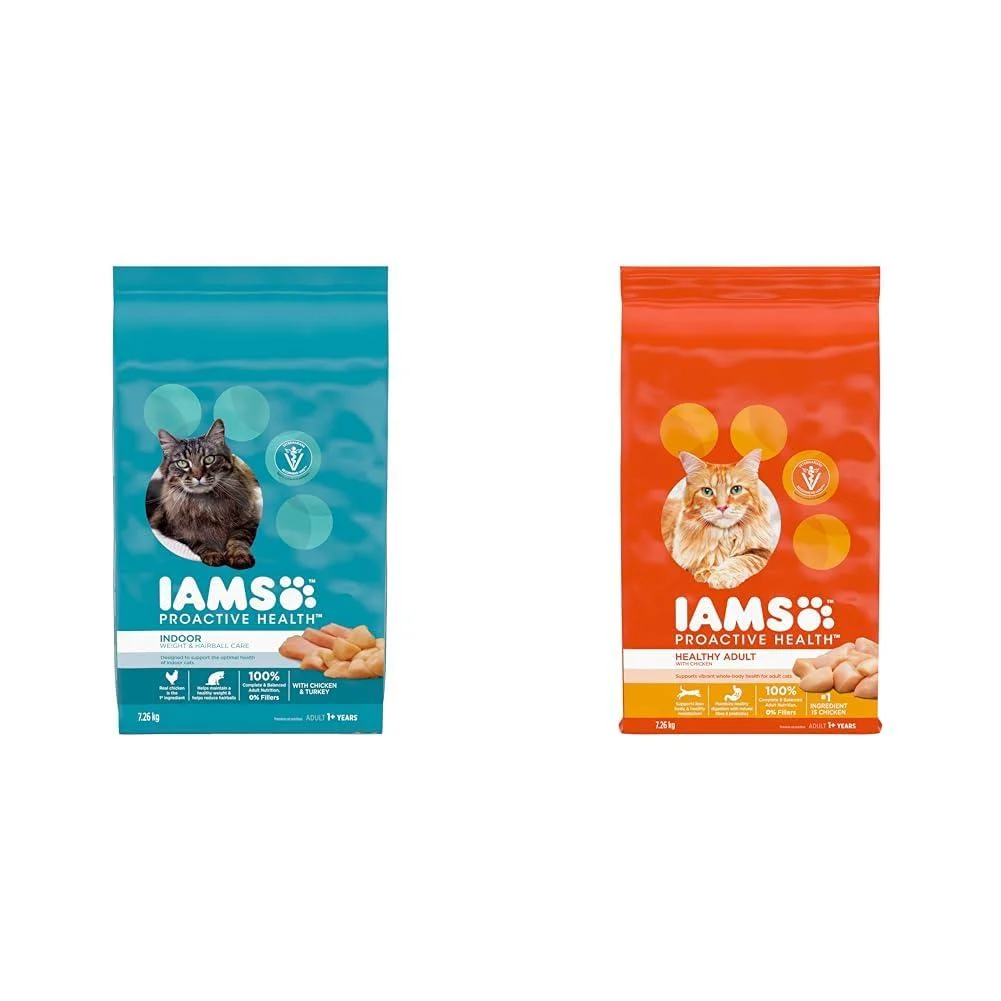 IAMS Proactive Health Dry Cat Food Adult - Indoor Weight & Hairball Care - Chicken & Turkey 7.26kg Bag & Proactive Health Healthy Adult Dry Cat Food with Chicken 7.26kg Bag 7.26 kg (Pack of 1) Dry Cat Food + PET_FOOD