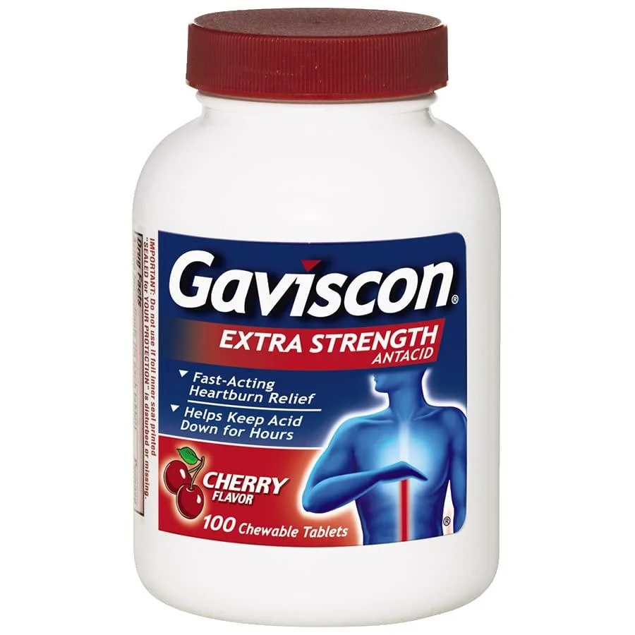 Gaviscon Extra Strength Cherry Chewable Tablet For Fast-Acting Heartburn Relief, 100 Count Cherry Chewable Tablets