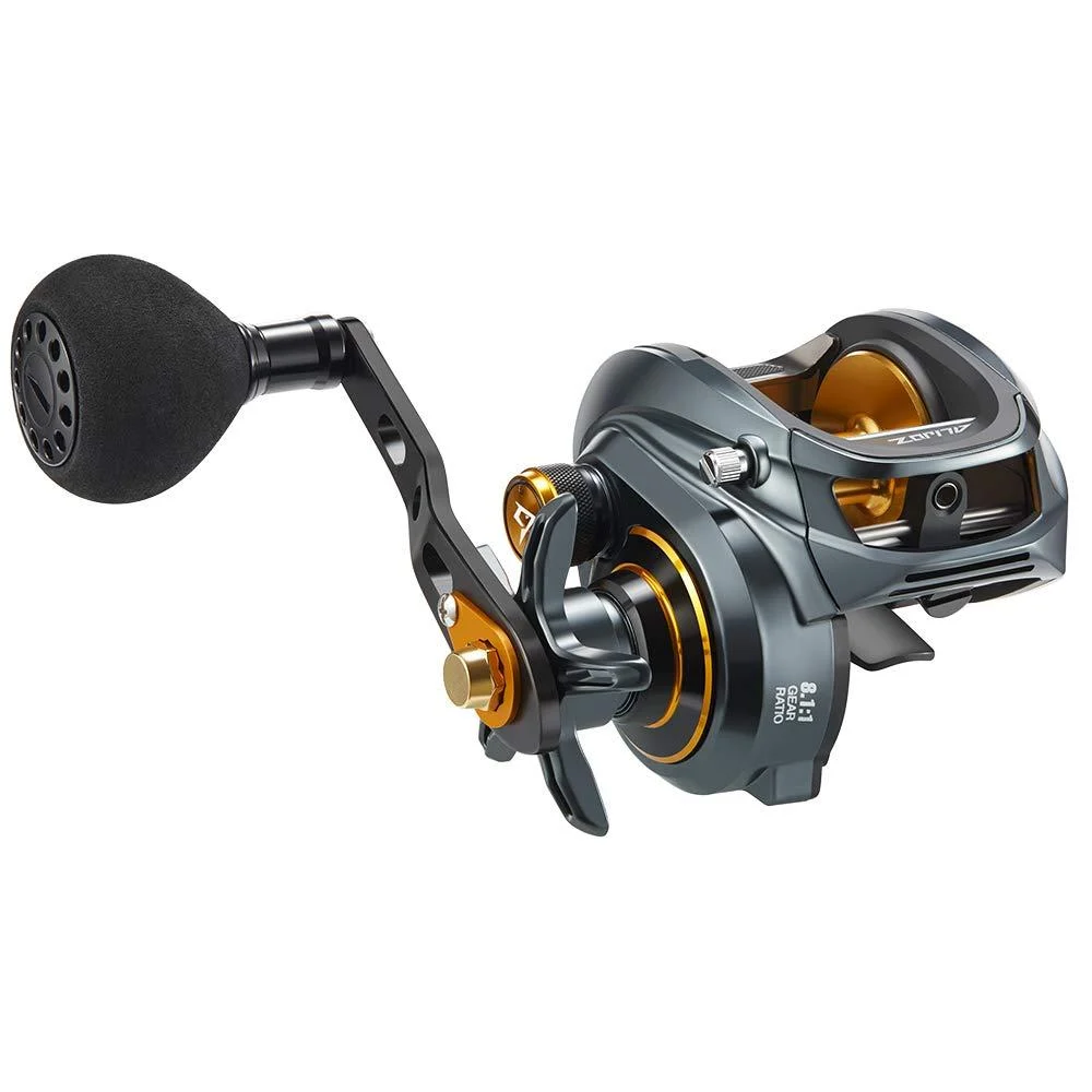 Piscifun Alijoz Baitcasting Fishing Reel, Size 300 Aluminum Frame Baitcaster Reel, 33Lbs Max Drag, Available in 5.9:1/8.1:1 Gear Ratio, Freshwater and Saltwater Powerful Handle Casting Reel Gray & Golden - 8.1:1 Right Hand Retrieve - Powerful Handle