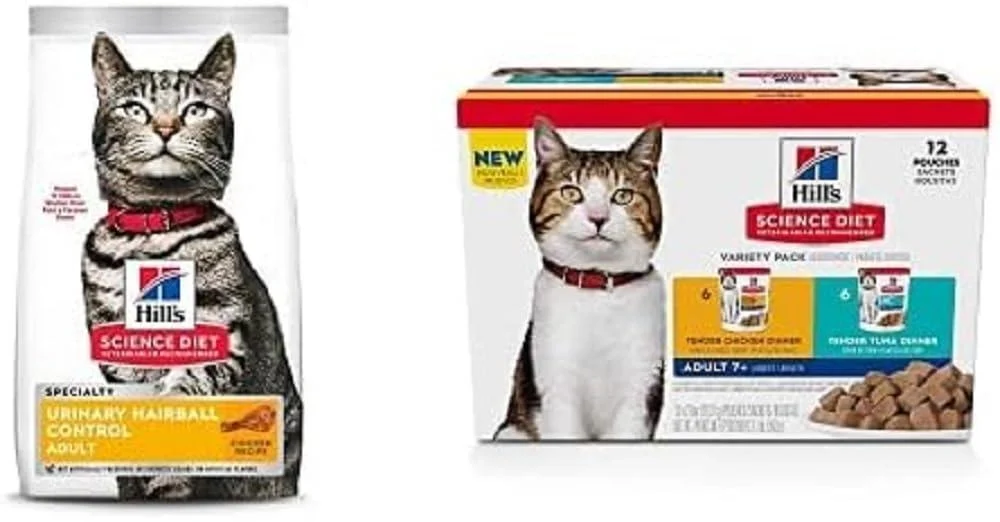 Hill's Science Diet Dry Cat Food Adult Urinary & Hairball Control and Hill's Science Diet Senior 7+ Canned Cat Food Pouch Variety Pack Urinary - Hairball Control + Wet Pouch 7+ 7.03 kg (Pack of 1)