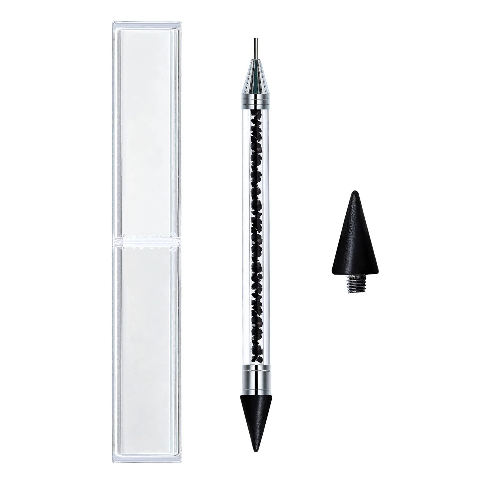 NMKL38 Double-head Wax Nail Rhinestone Picker Pencil Diamond Acrylic Handle Self-Adhesive Nail Art Design Dotting Pen Beads Crystal Gem Pick Up Applicator Tool with Storage Case (Black)