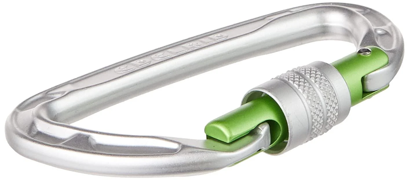 Edelrid safety clips for climbing carabiners with automatic locking and climbing and abseiling hammock for women and men silver