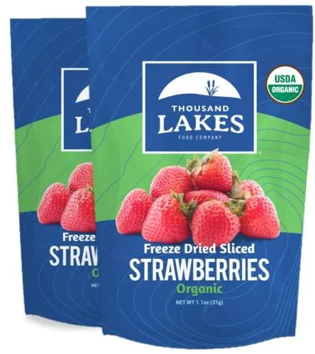 Thousand Lakes Freeze Dried Fruits and Vegetables - ORGANIC Strawberries 2-pack 1.1 ounces (2.2 ounces total) No Sugar Added 100 Sliced Organic Strawberries Organic Strawberry 1.1 Ounce (Pack of 2)
