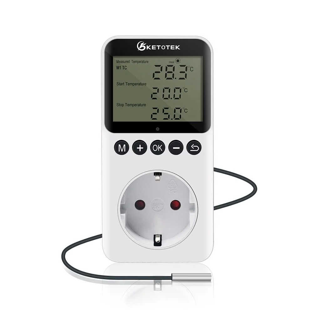 Ketotek digital thermostat socket timer day night temperature controller with timer 230V with sensor for greenhouse terrarium heating cooling temperature -controlled plug kt3200
