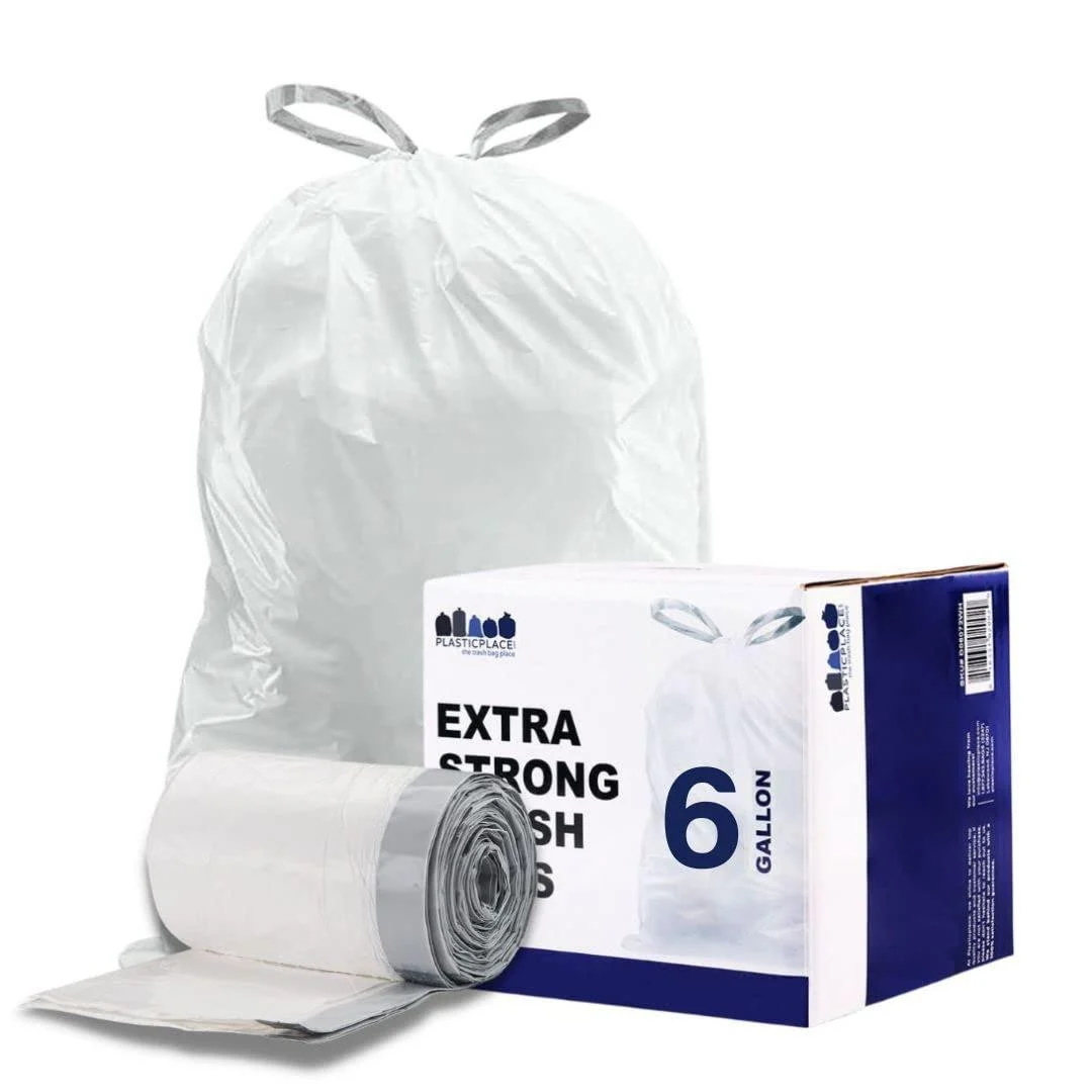 Plasticplace 6 Gallon Trash Bags, 0.7 Mil, White Drawstring Garbage Can Liners, 17" x 20" (100 Count)
