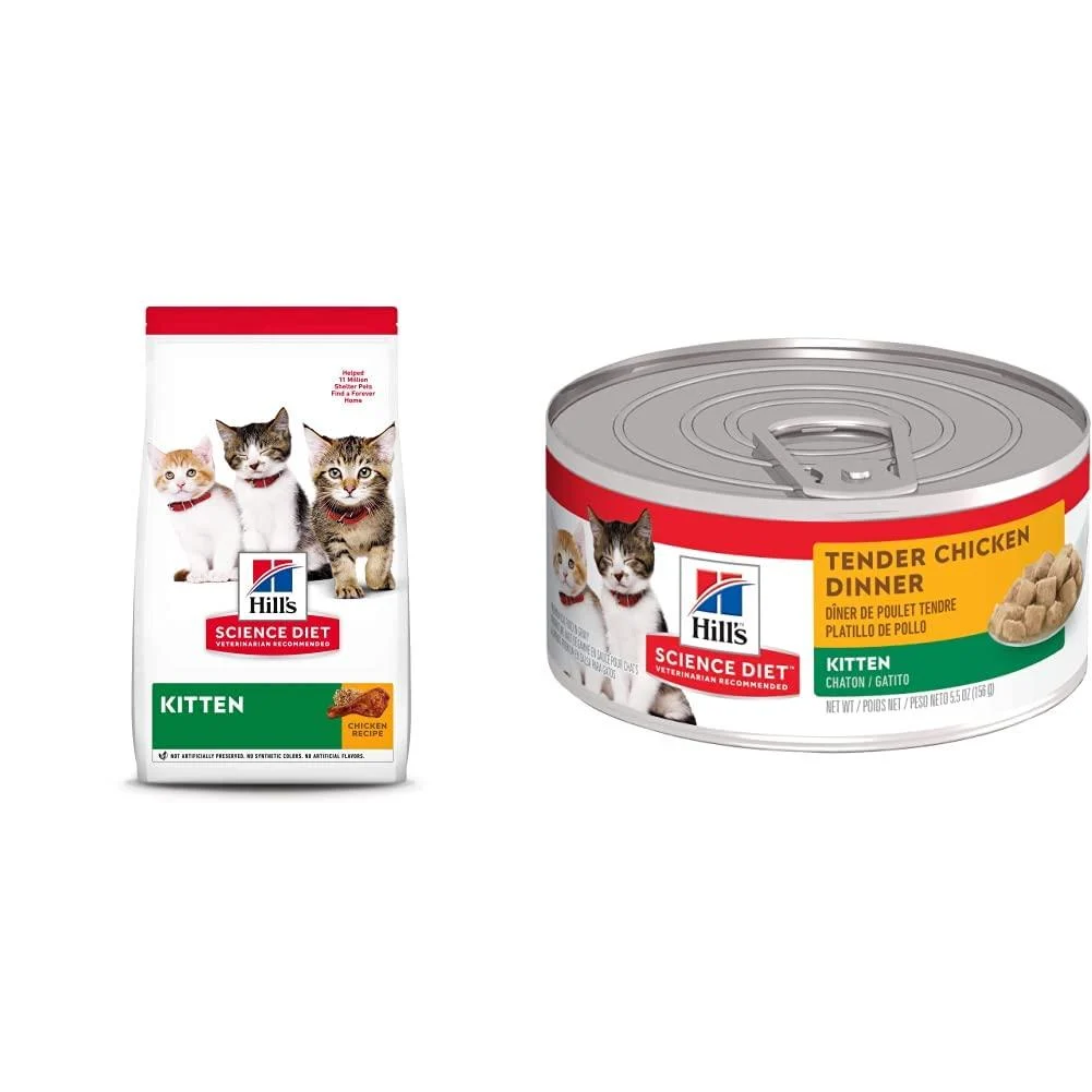 Hill's Science Diet Kitten Dry and Canned Cat Food Bundle | Chicken Recipe Dry Food (7 lb) + Tender Chicken Dinner Wet Food (24 Pack) Dry Cat Food + Wet cat Food 3.17 kg (Pack of 1)