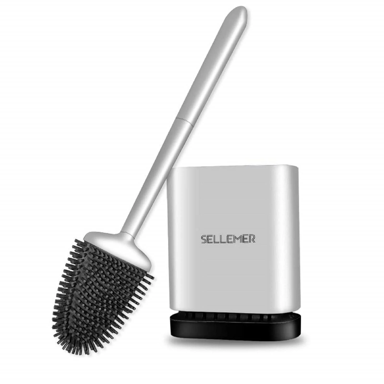 Sellemer Toilet Brush and Holder Set for Bathroom Flexible Toilet Bowl Brush Head with Silicone Bristles Compact Size for Storage and Organization Ventilation Slots Base (Silver) Silver 1 PACK
