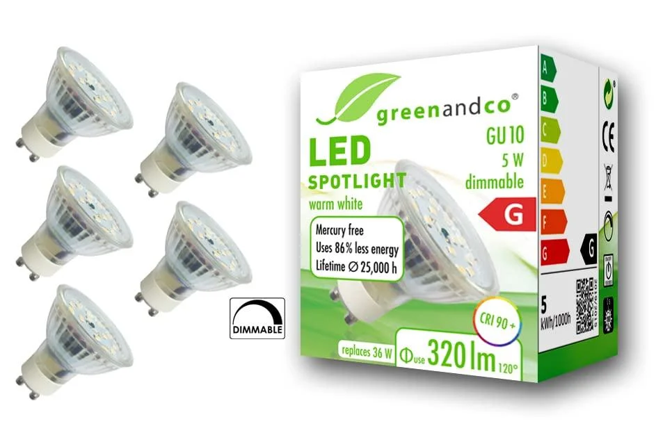 Greenandco 5x CRI 90+ GU10 LED spot dimmable 5W 320 LM 110 3000K warm white 230V flicker -free 2 year guarantee 5W 3000K 110 dimmable 5 pieces (1 Pack)