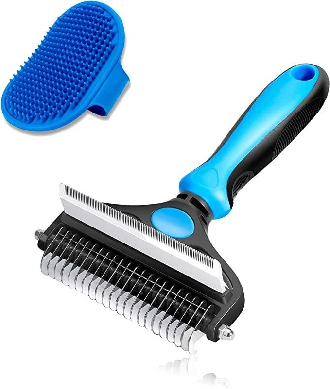 CGBE Dog Grooming Brush, Double-Sided Undercoat Rake for Dogs & Cats - Shedding Comb and Dematting Tool for Grooming Large-Blue