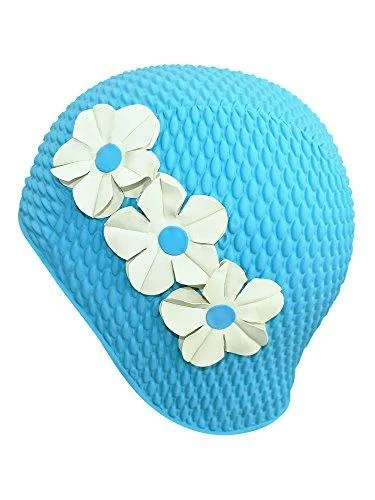 Latex Swim Cap with Flowers Blue - Luxury Divas