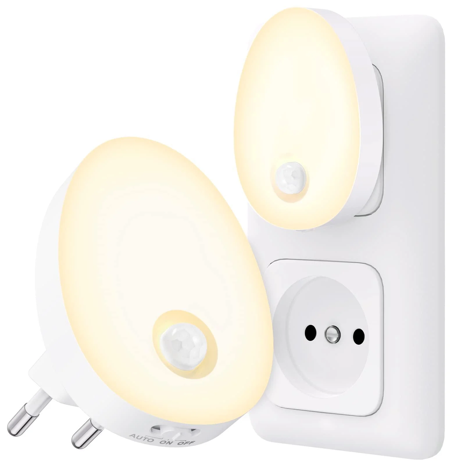 Auvon night light socket with motion detector 2 pieces of light LED night light socket light brightness in infinitely adjustable for children's room hallway stairs kitchen bedroom warm white