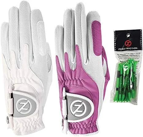Zero Friction Ladies Compression-Fit Synthetic Golf Glove 2 Pack Includes free tee pack Universal-Fit - White-Lavender