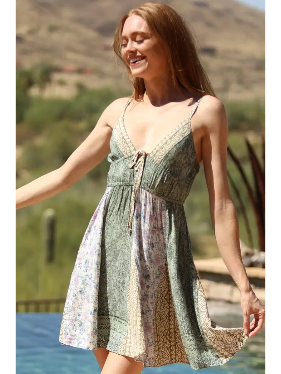 Sage Mixed Print Godet Sundress - Angie (Star of India Fashions, Inc.)