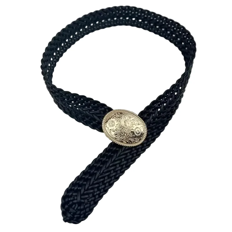 Woven Wide Waist Belt with Gold Engraved Medallion in Black - Leto Accessories