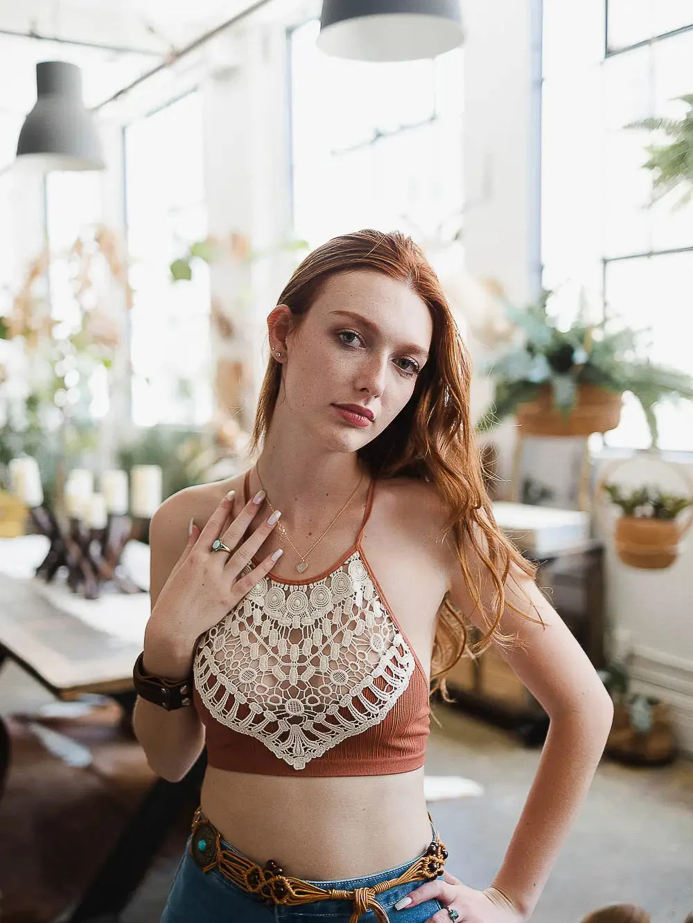 Crochet Lace Halter Bralette in Rust - Leto Accessories