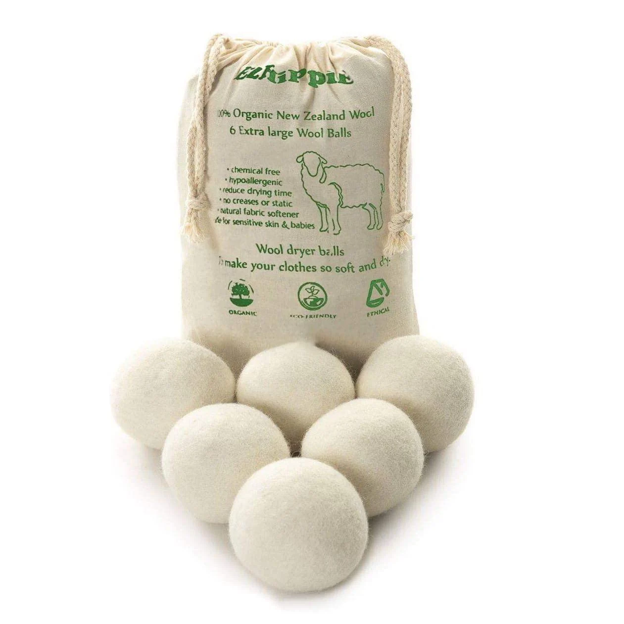 Natural Wool Dryer Balls - Fabric Softner Reducing Wrinkles and Resuable Pack of 6 X-Large