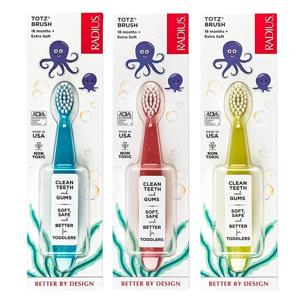 RADIUS Totz Toothbrush Extra Soft Brush BPA Free & ADA Accepted Designed for Delicate Teeth & Gums for Children 18 Months & Up - Blue Coral Yellow - Pack of 3 3 Count (Pack of 1) Blue/Coral/Yellow