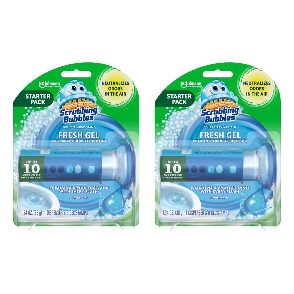 Scrubbing Bubbles Fresh Gel Toilet Cleaning Stamp, Rainshower, Dispenser with 6 Gel Stamps, 1.34 oz (Pack of 2)