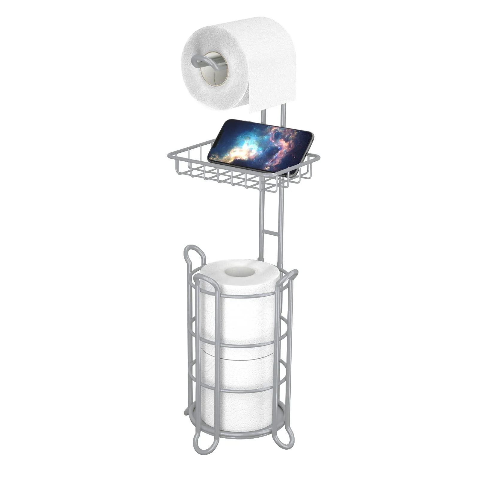 Toilet Paper Roll Holder Stand Bathroom Tissue Holders Free Standing with Middle Shelf Storage Reserve Mega Rolls/Phone/Wipe-Gray A-gray