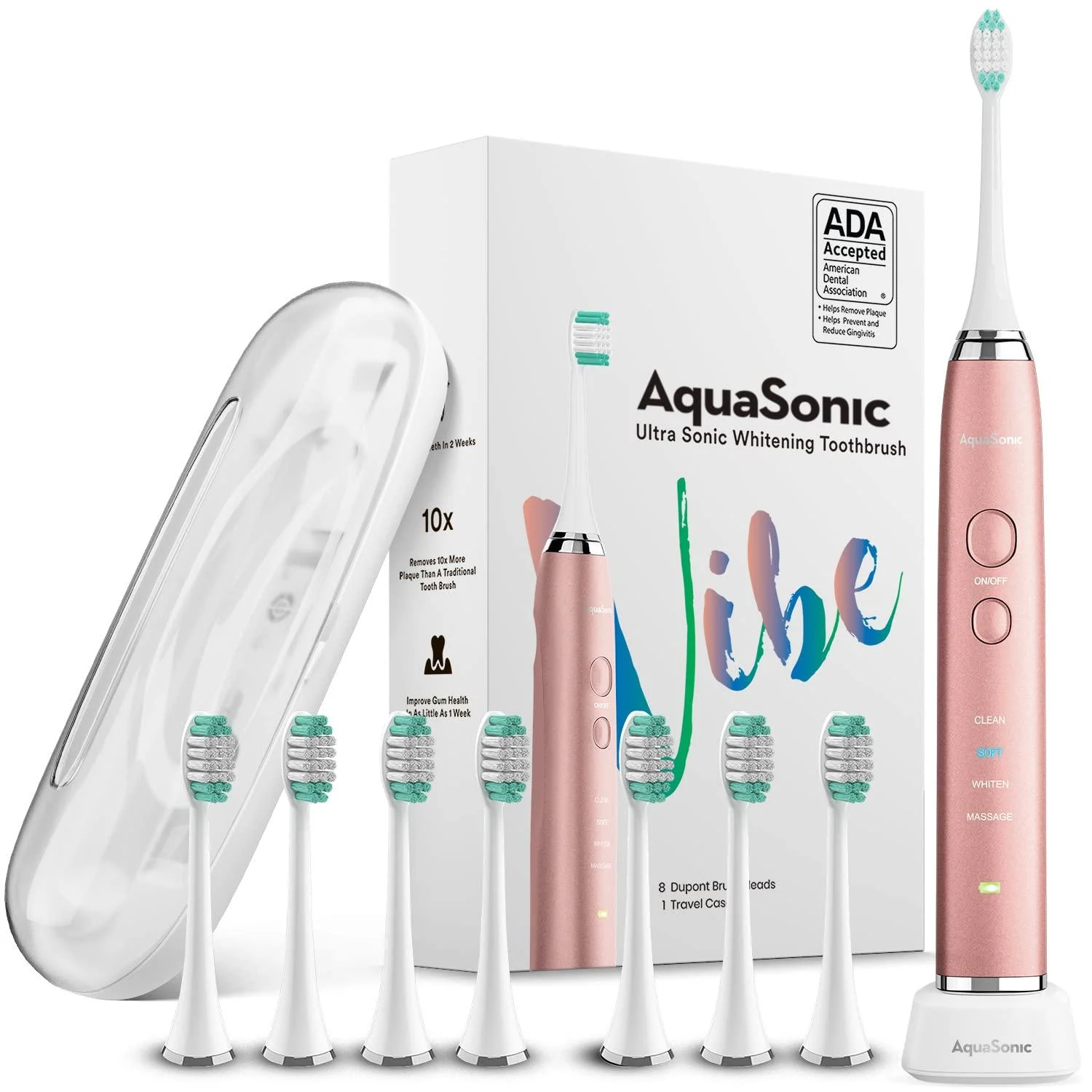 AquaSonic Vibe Series Ultra Whitening Toothbrush - 8 Brush Heads & Travel Case - Ultra Sonic Motor & Wireless Charging - 4 Modes w Smart Timer