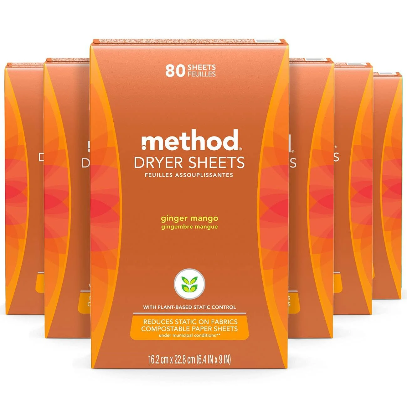 Method Dryer Sheets Ginger Mango Fabric Softener and Static Reducer Compostable and Plant-Based Laundry Essentials 80 Count (Pack of 6) Ginger Mango 80 Count (Pack of 6)