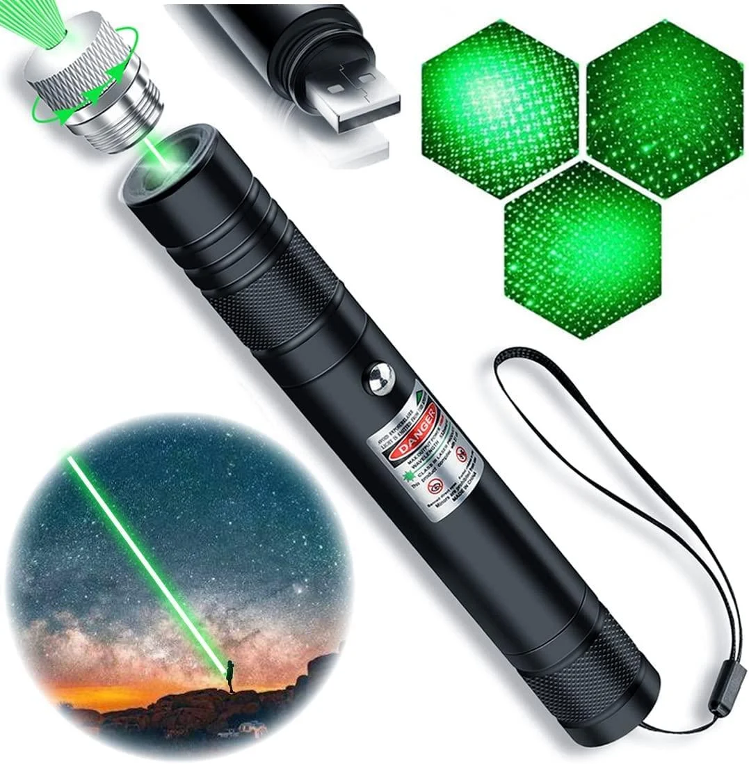 Cyahvtl Laser Pointer, Tactical Flashlights 2000 Metres Green Long Range High Power Handheld Flashlight, Rechargeable Laser Pointer for USB, with Star Cap Adjustable Focus Suitable for Projecto X-Small