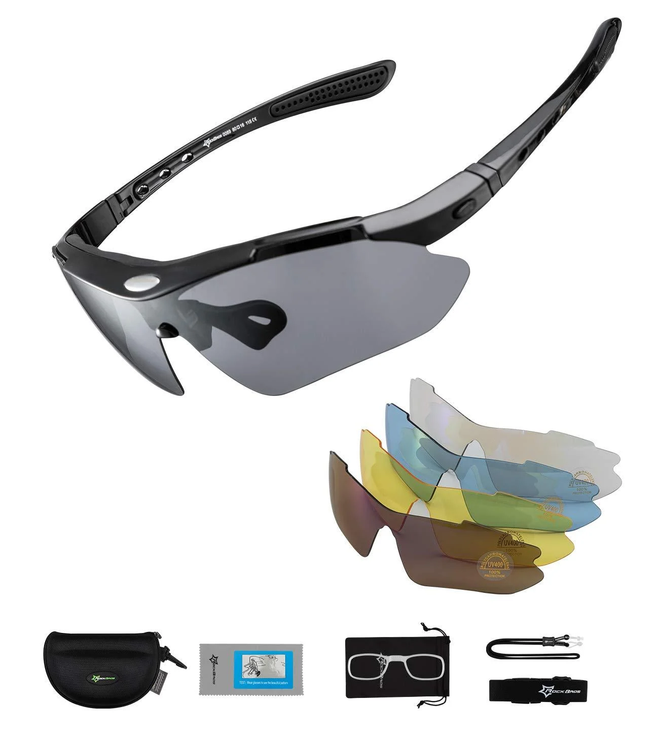 Rockbros bicycle glasses polarized sunglasses with 5 changing glasses women men sports glasses bike glasses for outdoor sport cycling fishing black