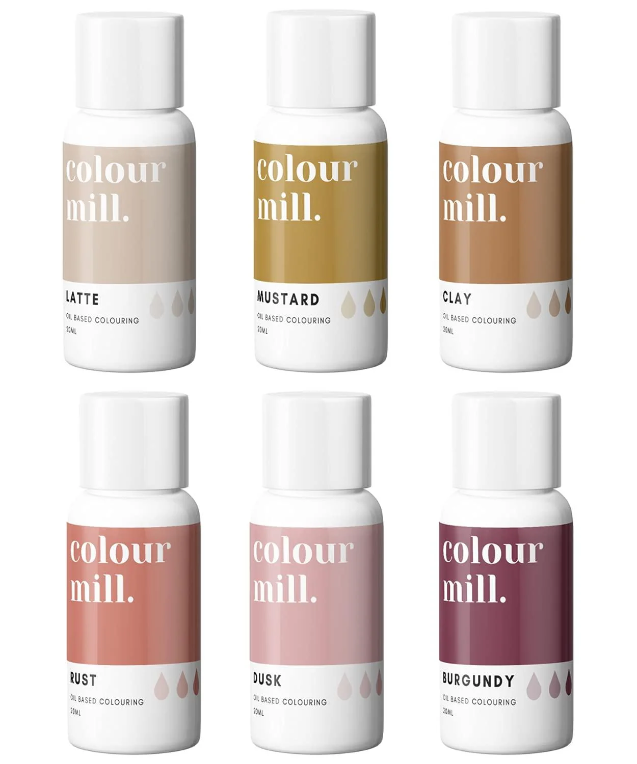 Colour Mill Oil-Based Food Coloring, 20 Milliliters Each of 6 Colors: Burgundy, Clay, Dusk, Latte, Mustard and Rust Desert Pack