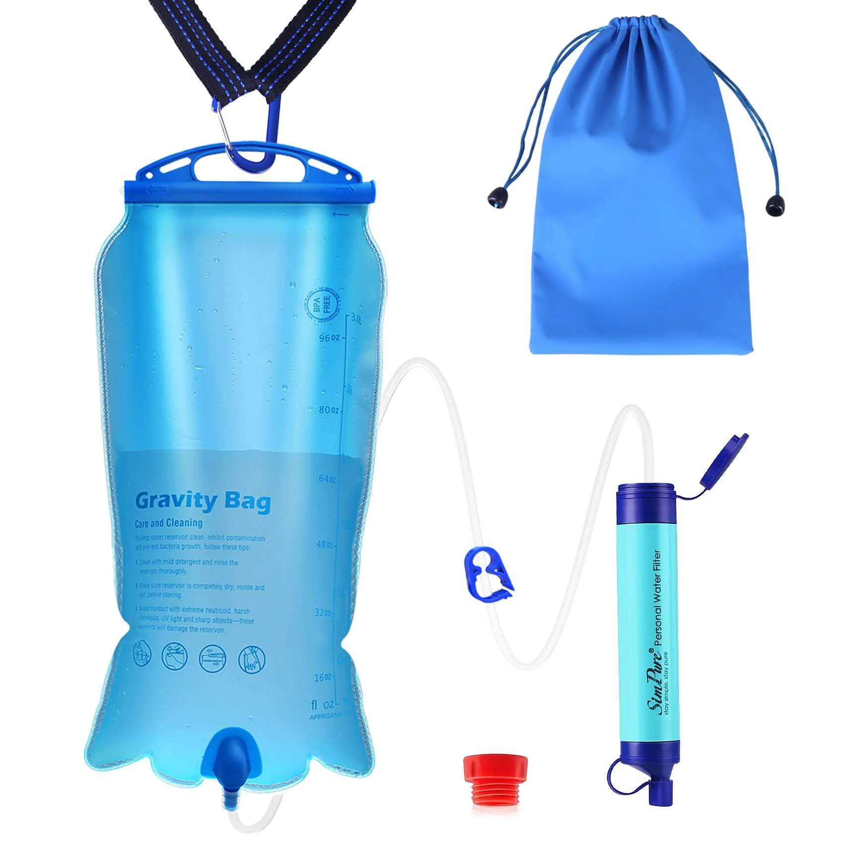 SimPure Gravity Water Filter, Portable Gravity-Fed Water Purifier with 3L Gravity Bag, Tree Strap, Survival Gear and Equipment for Camping Hiking Emergency Preparedness