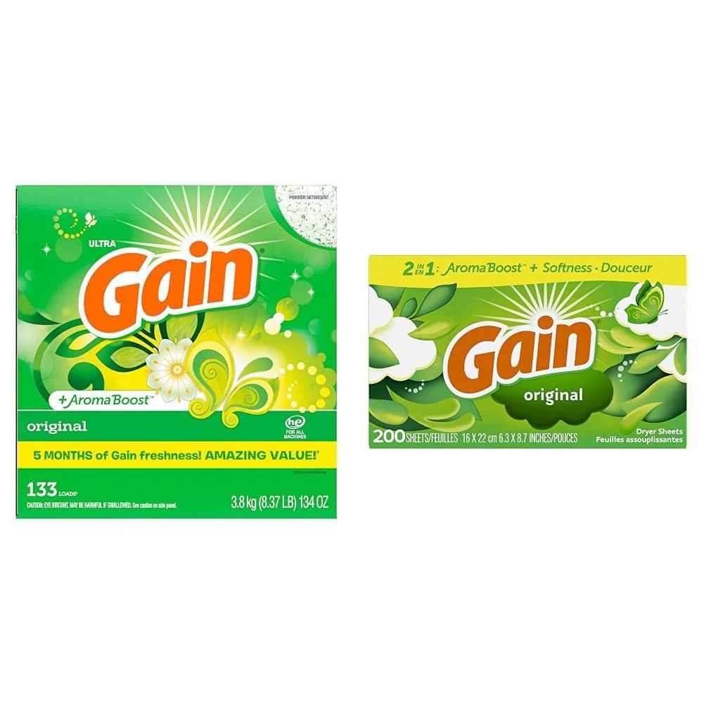Gain Powder Laundry Detergent (Laundry Soap) HE Compatible Original Scent 133 Loads & Fabric Softener Dryer Sheets Original Scent 200 Count Laundry Detergent+ Dryer Sheets