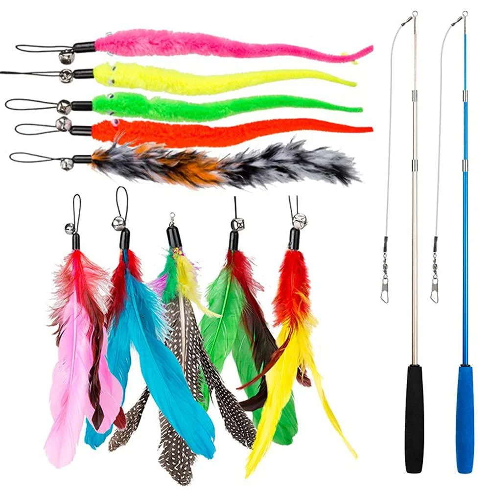 12 PCS Feather Teaser Cat Toy 2 Pcs Retractable Interactive Cat Teaser Rods 10 Pcs Replacement Colorful Feather Refills with Bells Feather Dangler Funny Exercise for Indoor Cat Kitten Catcher - DIWUJI