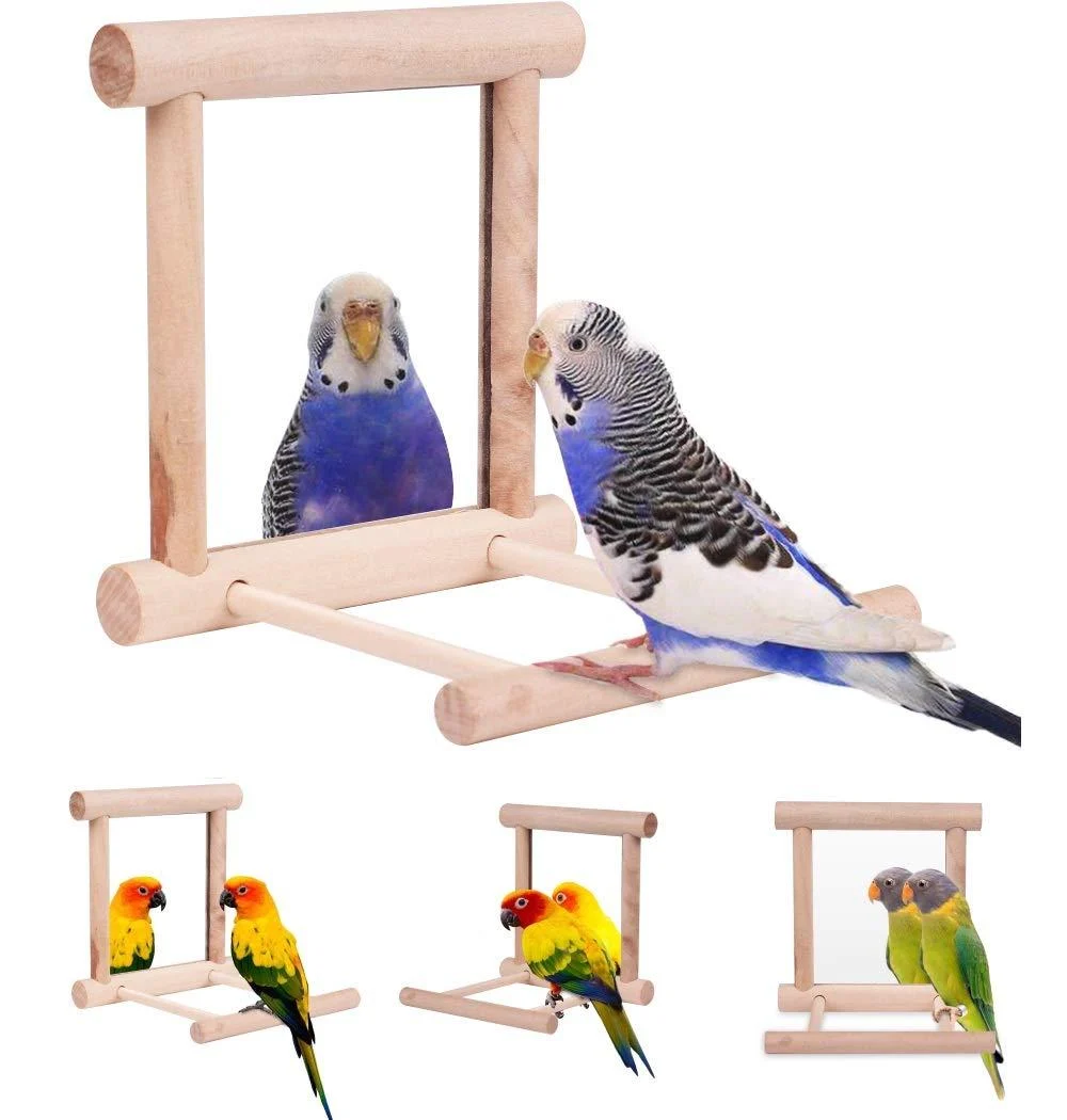 HAPPTYTOY Bird Toy for Parrot Parakeets Conures Cockatiels Cage Swing Wooden Fun Play Toy for Birds (Mirror) - hewbo