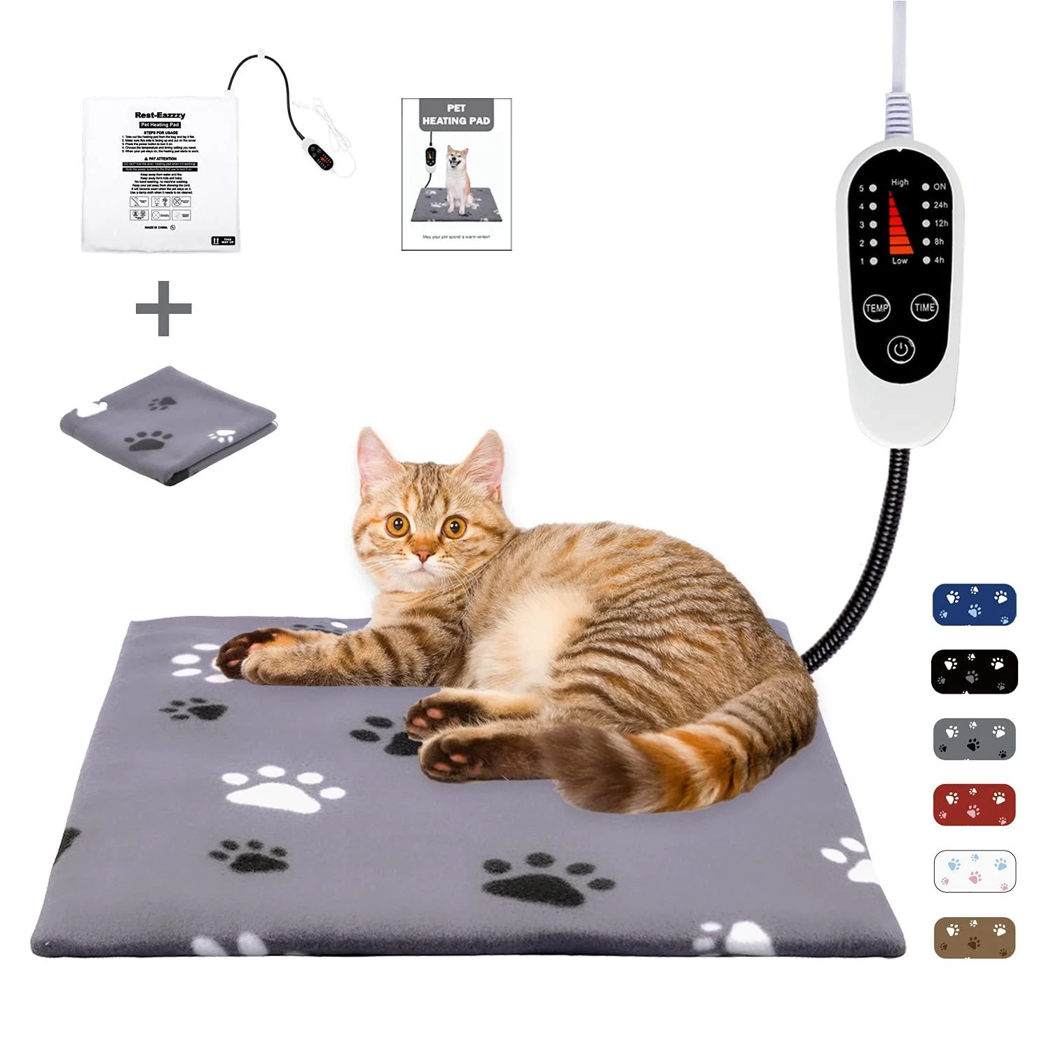 Rest-Eazzzy Pet Heating Pad Indoor, Dog Heating Pad Mat with Removable Cover, 5 Level Timer 5 Level Temperature, Electric Pet Warming Mat for Cat Dog Automatic Power-Off heat pad paw-grey