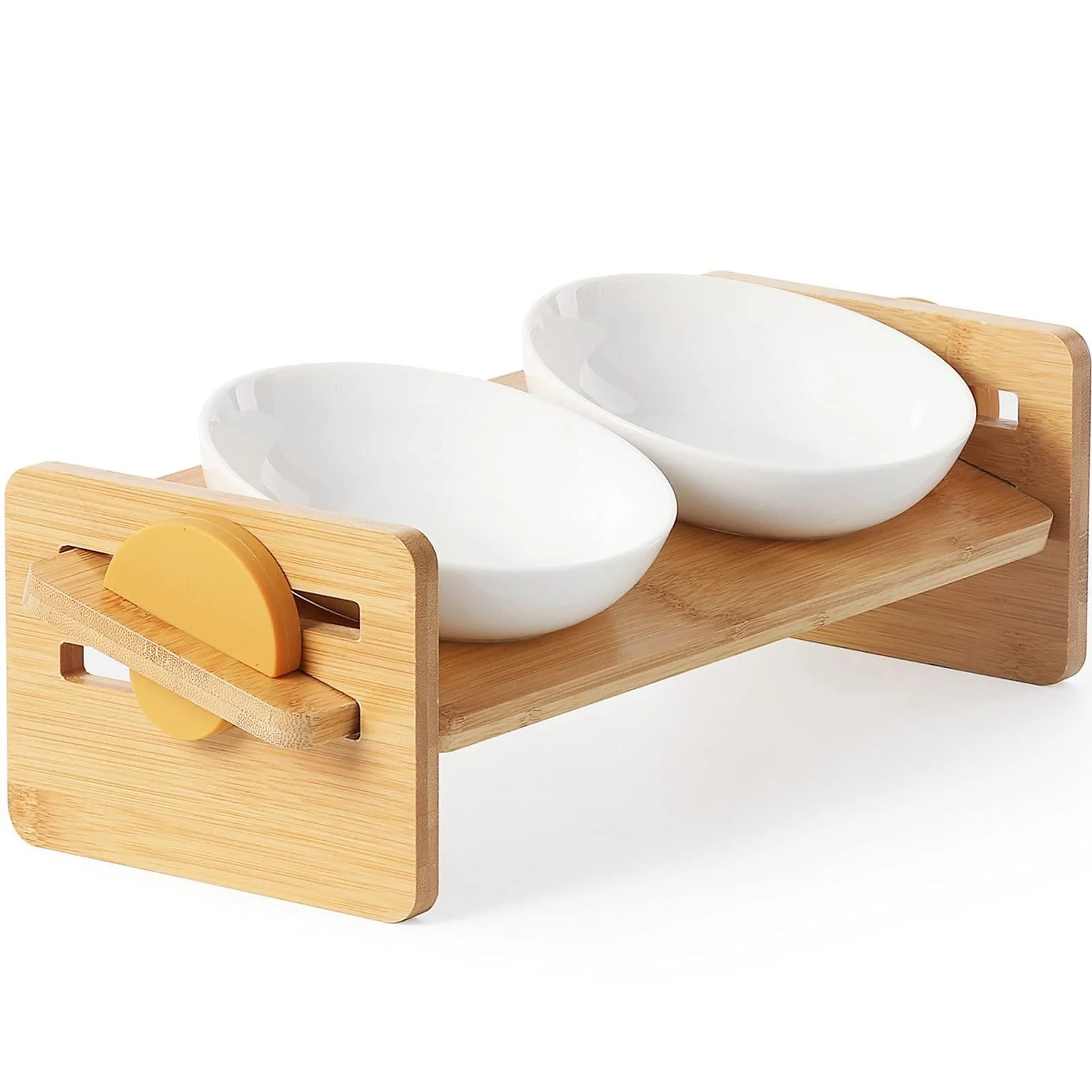 FUKUMARU Elevated Cat Ceramic Bowls, Small Dog Raised Food and Water Bowl Set Bamboo