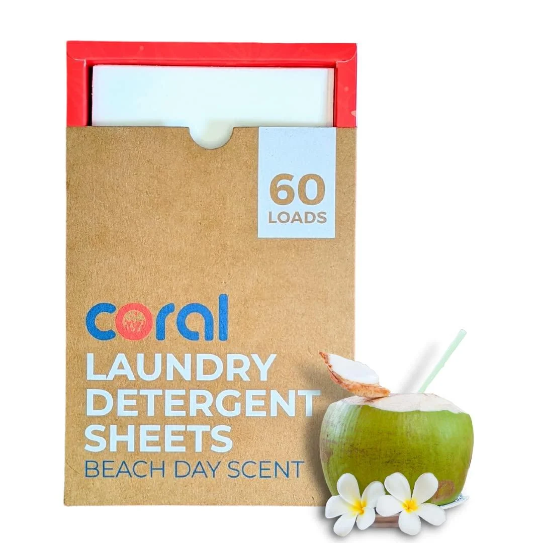 Eco-Friendly Laundry Detergent Sheets (60 Loads) Beach Day Scent | Coral Laundry | Plastic-free alternative to your liquid detergent or pods | Hypoallergenic | Biodegradable & Zero Waste