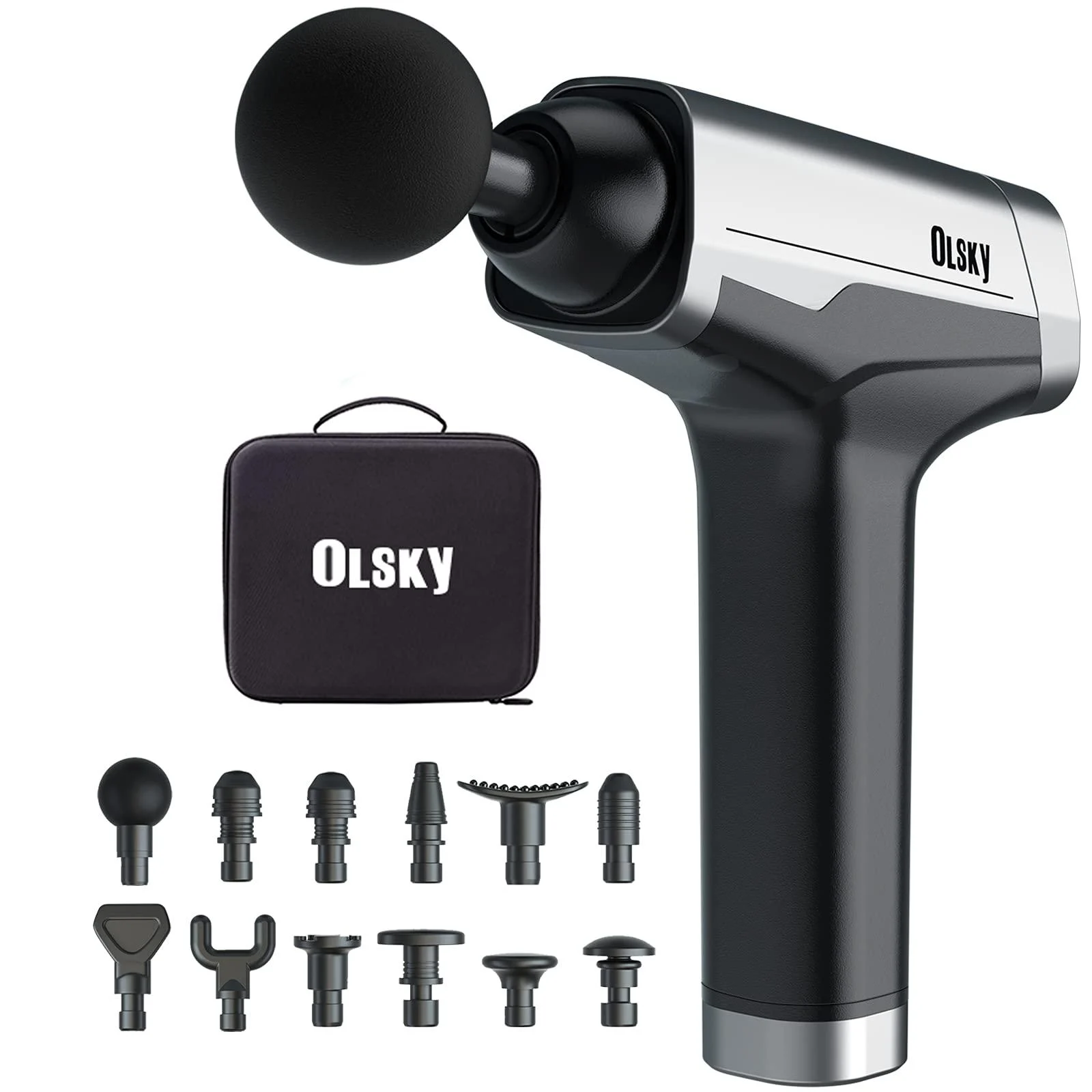 Massage Gun Deep Tissue, Handheld Electric Body Back Massager, High Percussion Muscle Massage Device for Athletes with 9 Speed & 12 Attachments Silver - OLsky