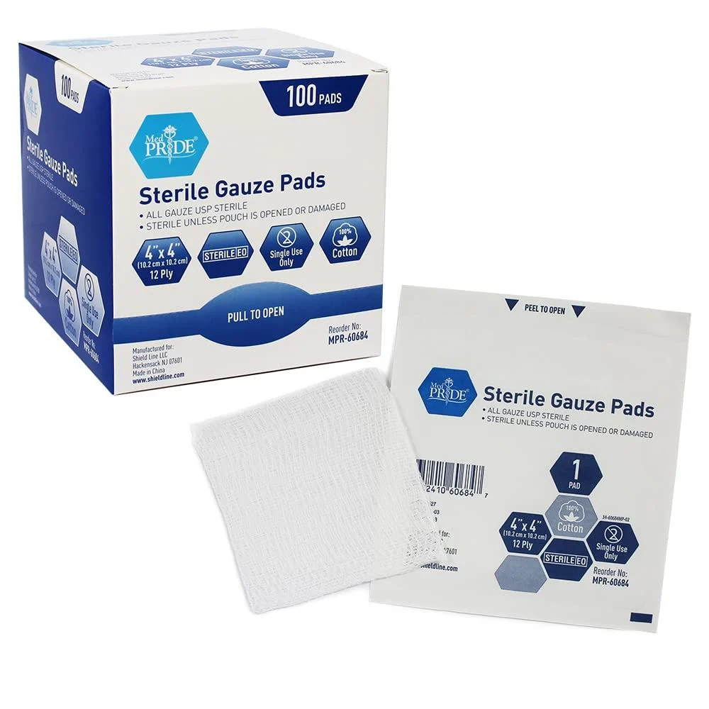 Medpride 4’’ x 4’’ Sterile Gauze Pads for Wound Dressing| 100-Pack, Individually Packed Pouches| 12-Ply Cotton & Highly Absorbent| Gauze Sponge-Pads for Wound Care & Home First Aid Kits 4x4 Inch (Pack of 100)