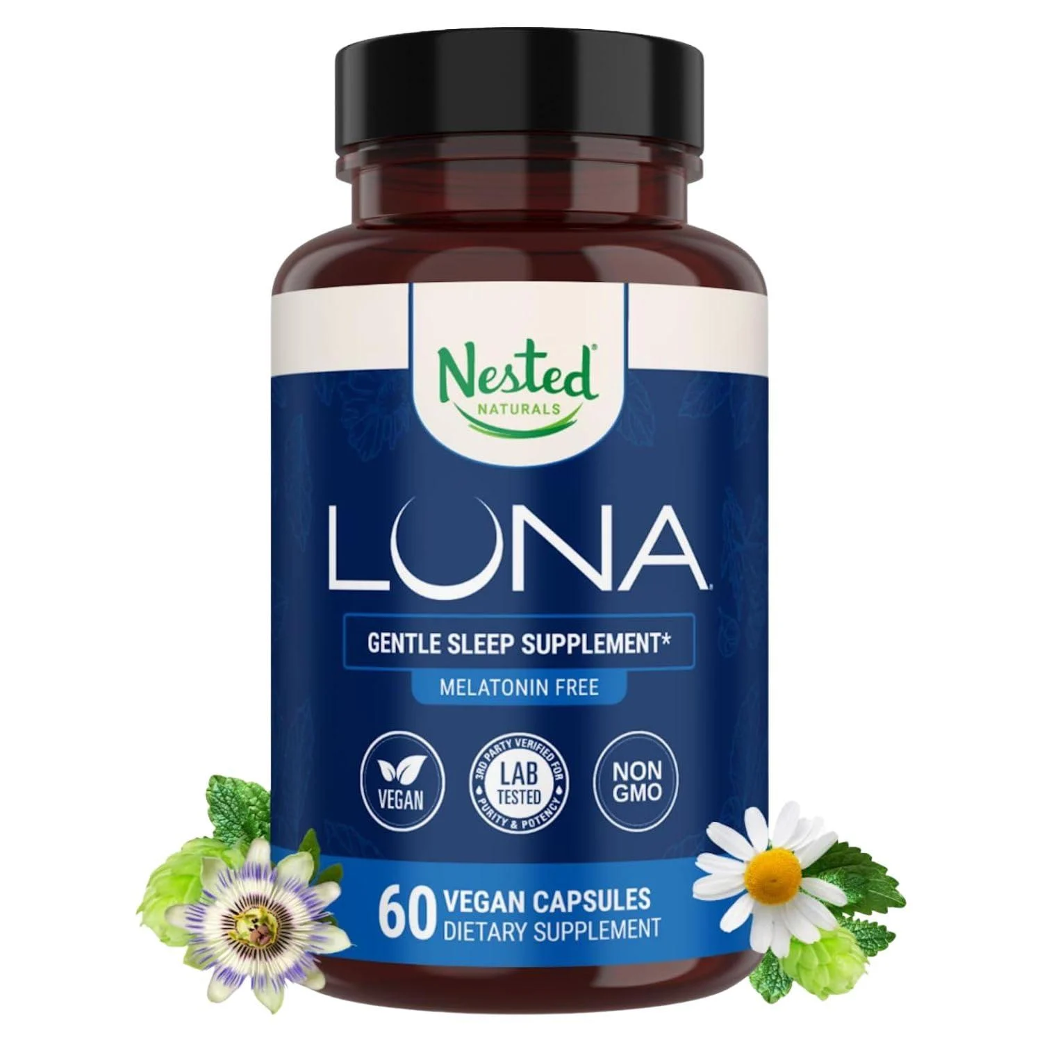 Nested Naturals Luna Sleep Supplement Melatonin Free Non-Habit Forming Herbal Sleep Supplement Adult Bedtime Support Help Sleeping w/Chamomile Valerian L-Theanine 60 Vegan Capsules Luna Herbal Melatonin Free