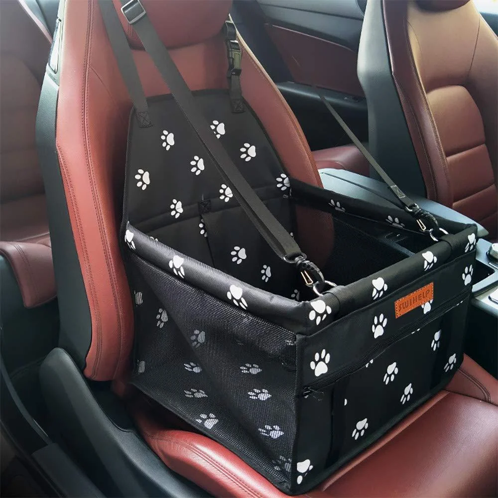SWIHELP Pet Car Booster Seat Travel Carrier Cage, Oxford Breathable Folding Soft Washable Travel Bags for Dogs Cats or Other Small Pet Paw pattern