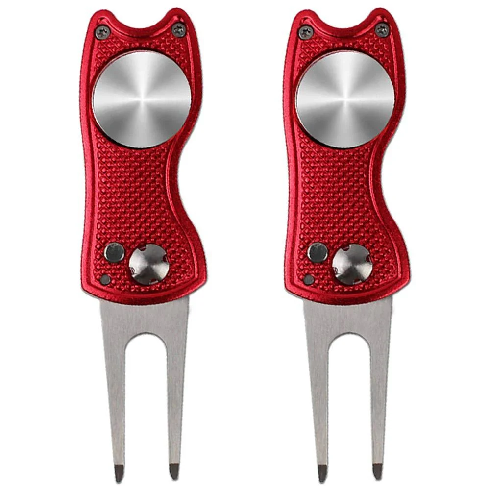 kaveno Golf Divot Repair Tool, Foldable Pop-up Button Stainless Steel Switchblade & Detachable Golf Ball Marker Red Fish 2 SETS