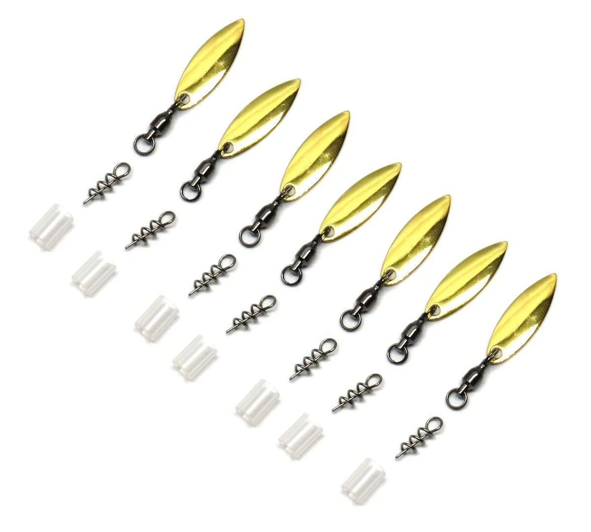 Harmony Fishing Company - 7 Pack Tail Spinners (Hitchhikers for Soft Plastic/senko Fishing Lures, Willow or Colorado Blade) Willow Blade (7 Pack, Gold)