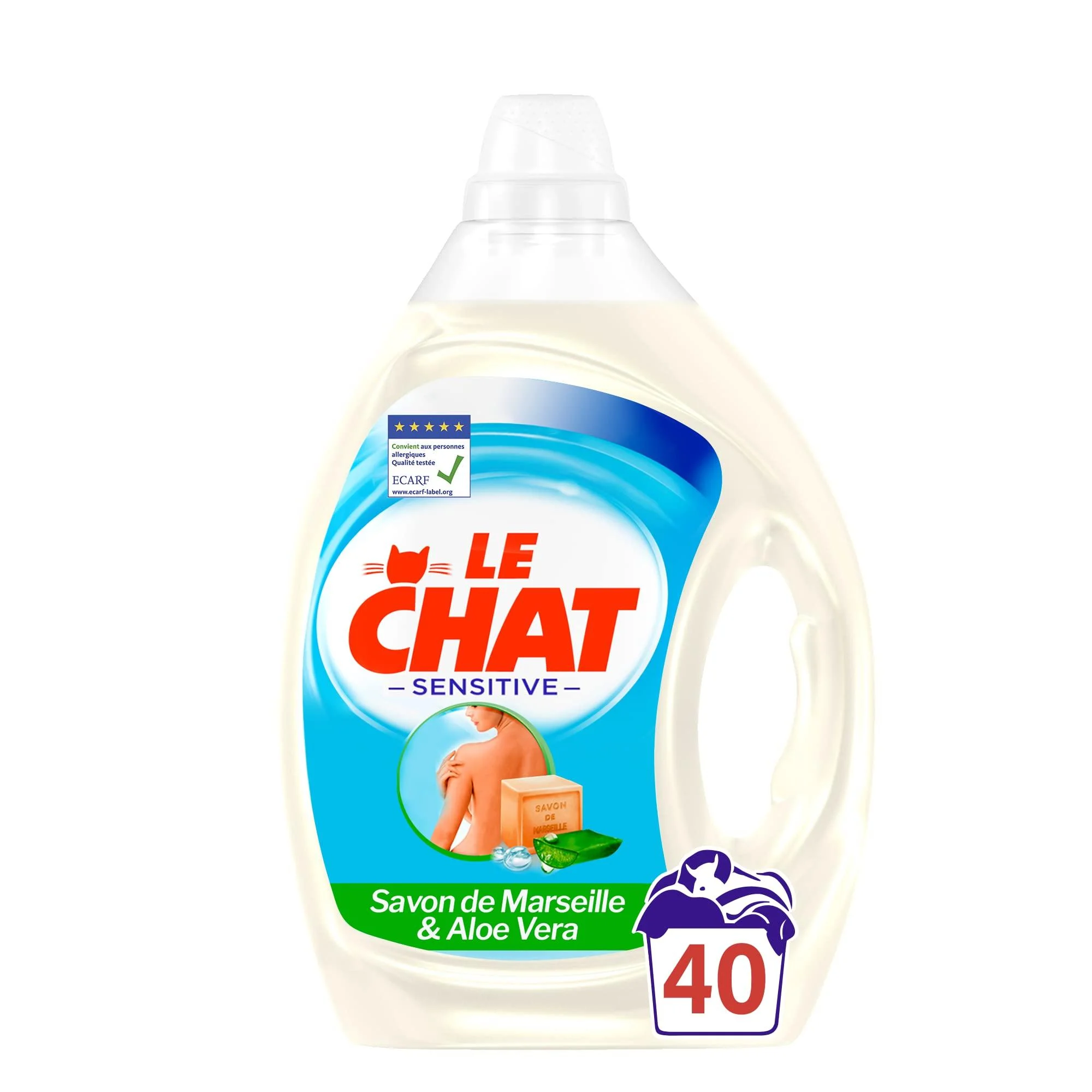 Le Chat Sensitive - 40 Washes (2L) - Hypoallergenic Liquid Laundry Detergent - Marseille Soap & Aloe Vera