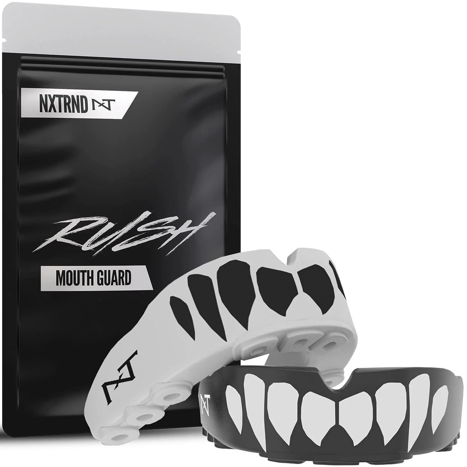 2 Pack Nxtrnd Rush Mouth Guard Sports, Professional Mouthguards for Boxing, Jiu Jitsu, MMA, Wrestling, Football, Lacrosse, and All Sports, Fits Adults, Youth, and Kids 11+ (B&W Fang) Black & White Fangs - NXT NXTRND