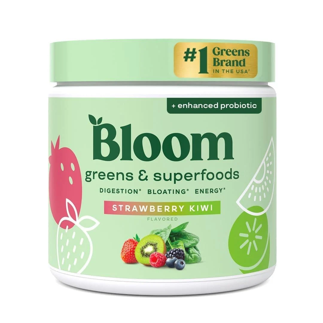 Bloom Nutrition Greens and Superfoods Powder for Digestive Health, Greens Powder, Digestive Enzymes, Probiotics, Spirulina, Chlorella for Bloating & Gut Support, Green Juice, 30 SVG, Strawberry Kiwi Strawberry Kiwi 30 Servi