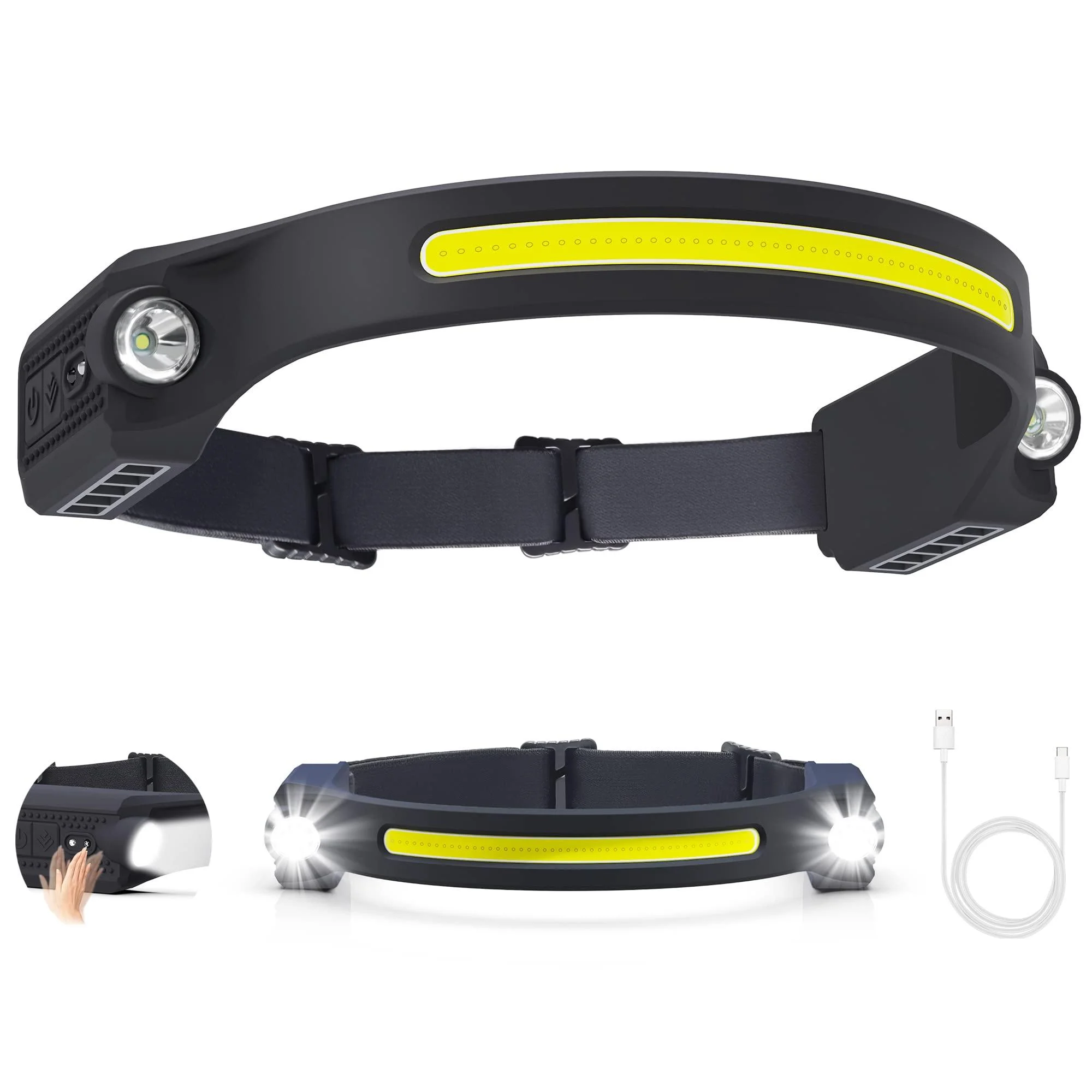 AlpsWolf LED Headlamp Rechargeable, 2 XPE LED and COB LED Head Lamp, Sensor Mode, 260 Wide Beam, IPX4 Waterproof, Rechargeable Headlight for Camping Accessories(1 Pack)