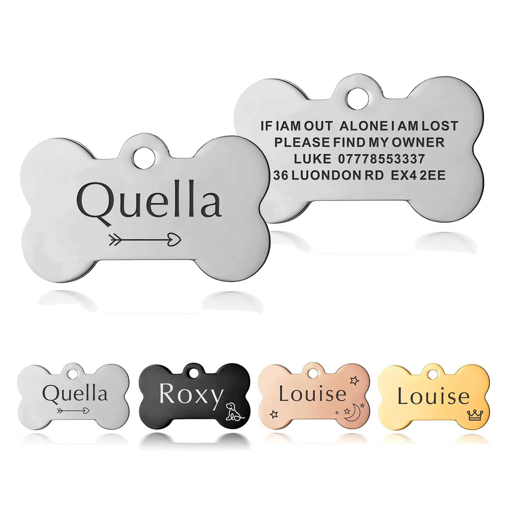 ID Tag Small Large Personalised ID Tag for Pet Dog Doggy Cat Kitten Kitty Puppy Engraved Dog ID Tag (Silver Bone) - EDSG