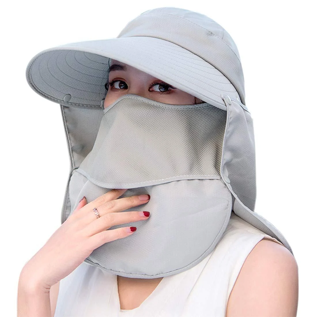 Women Sun Wide Brim UV Protection Fishing Hats Foldable Ponytail Summer Hat with Detachable Flap Gray - HICOSKY
