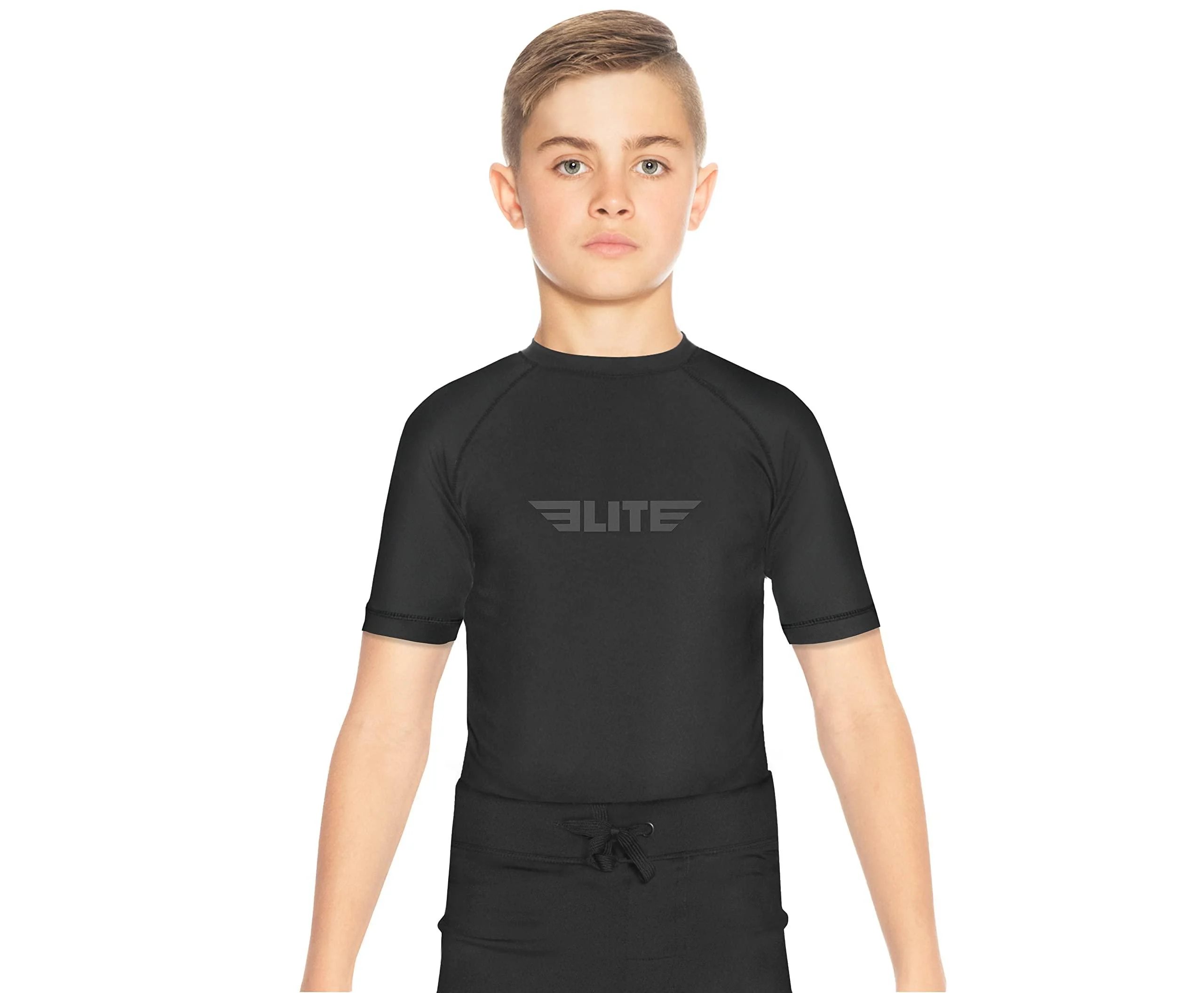 Elite Sports Rash Guards for Boys and Girls, Short Sleeve Compression BJJ Kids and Youth Rash Guard Black Large