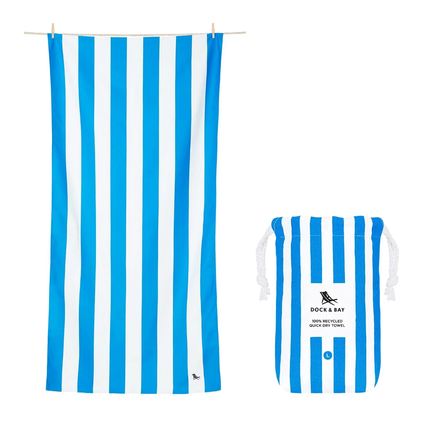 Dock & Bay Beach Towel - Quick Dry, Sand Free - Compact, Lightweight - 100% Recycled - Includes Bag - Cabana - Bondi Blue - Large (160x90cm, 63x35) Cabana - Bondi Blue Large (160x90cm, 63x35")