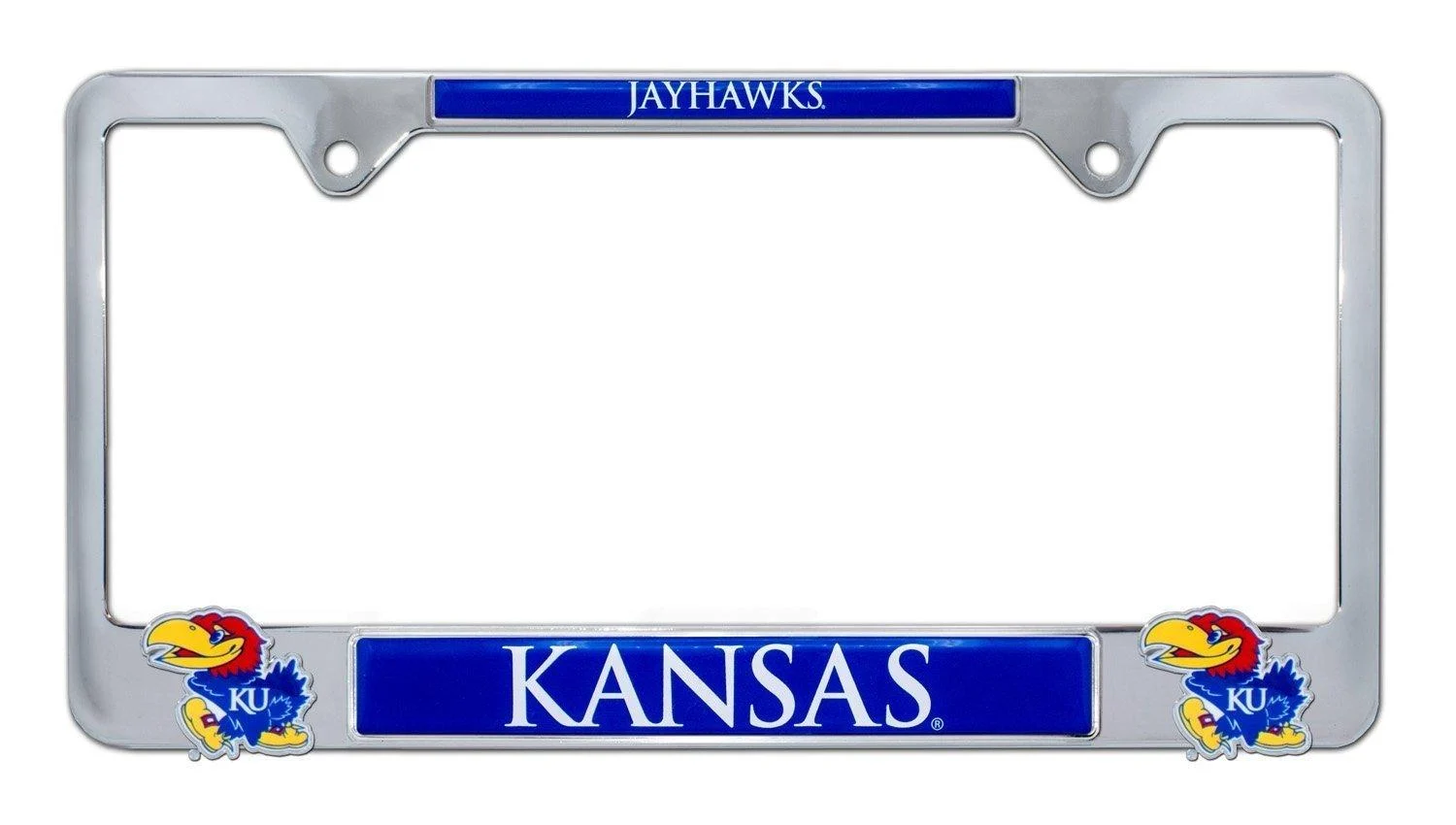 Premium KU Kansas Mascot License Plate Frame w/ Dual 3D Logos - Second Generation (Kansas)